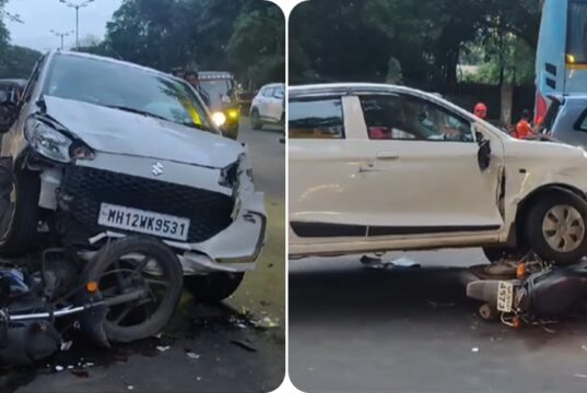 पुण्यातील हिराबाग चौकात भीषण अपघात: चारचाकी आणि दुचाकीच्या धडकेत दुचाकीस्वार गंभीर जखमी