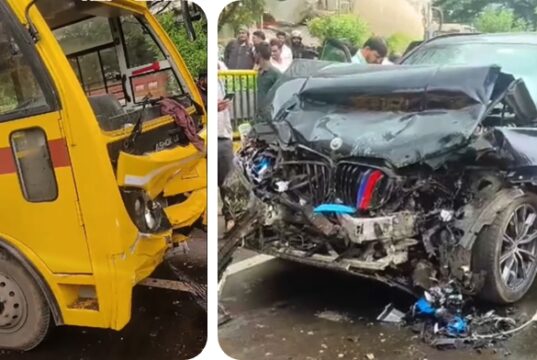 चिंचवड येथील ऑटो क्लस्टरमध्ये पोदार इंटरनॅशनल स्कूल बस आणि BMW कारची धडक.