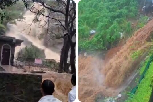 कार्ला एकविरा देवीच्या गडावर पावसाचा कहर: पायऱ्यांवरून पाण्याचा प्रवाह, अनेक भाविक अडकले