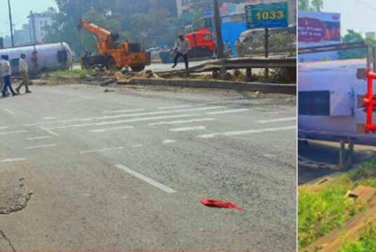 वारजे पुलावर एलपीजी टँकर उलटला; मोठा अनर्थ टळला, वाहतुकीत अडथळा.